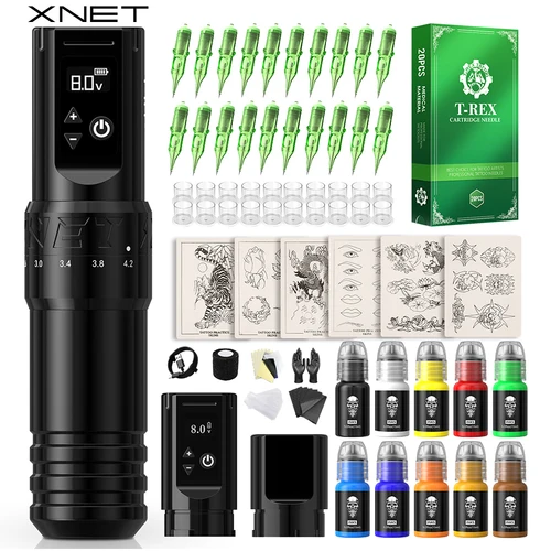 XNET T1 máquina de tatuaje inalámbrica pluma Kit completo carrera ajustable Motor personalizado pluma de maquillaje 20 piezas cartuchos 10 tintas juego para tatuaje