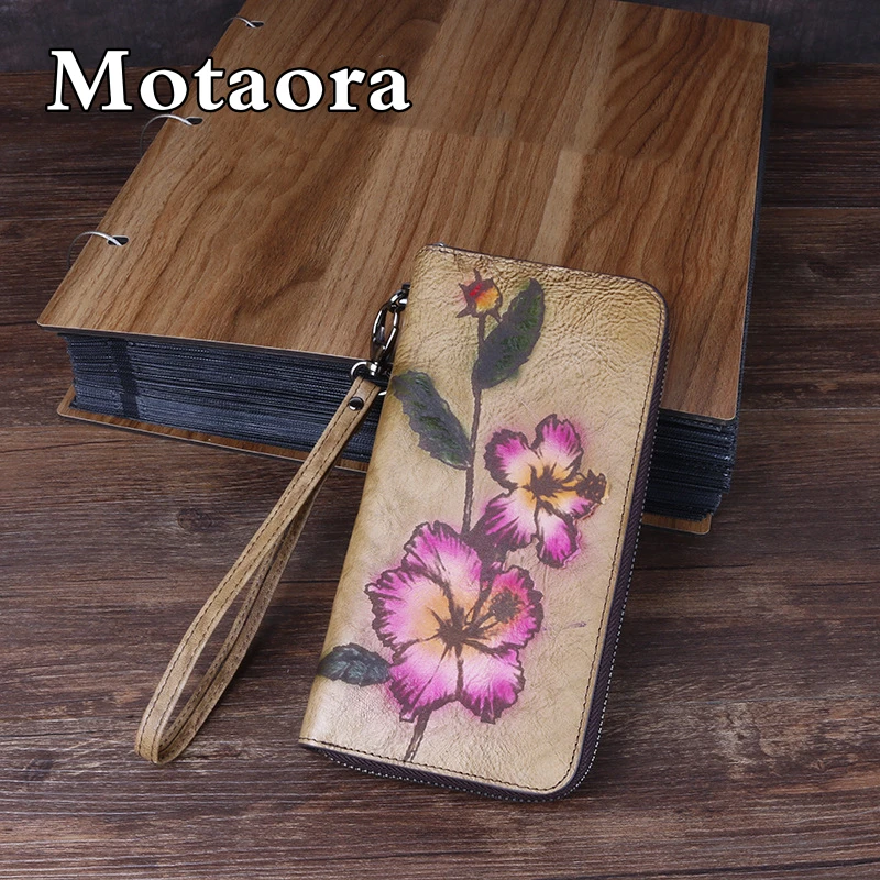 MOTAORA Long Women Wallet For Ladies Cowhide Vintage Coin Purse Model Phone Bag Female Retro Leather Wallets For Bank Card Cash