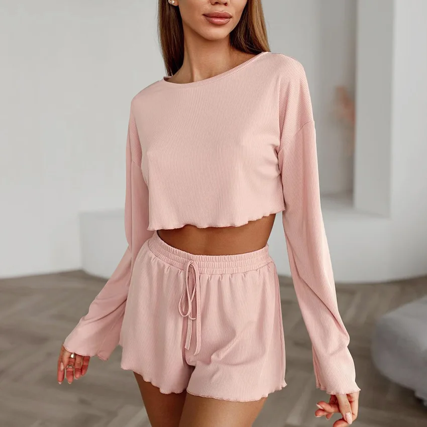 

Women Pajama Set Summer Soft Breathable Knitted Pajamas Pit Strips Exposed Navel Long Sleeve Shorts Two-piece Women's Loungewear