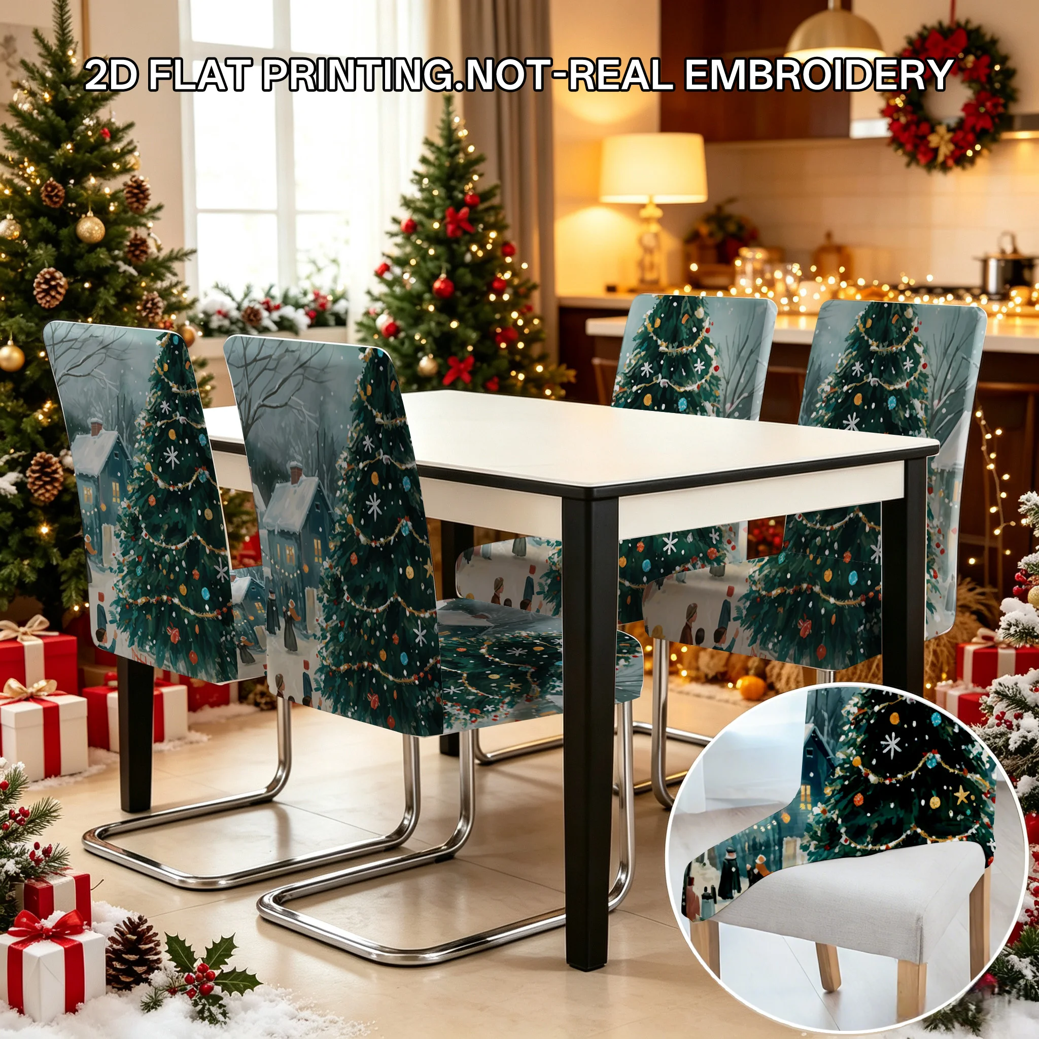 2/4/6 PCS retro oil painting Christmas tree landscape elastic dining chair cover, winter snow town pattern, Christmas decoration