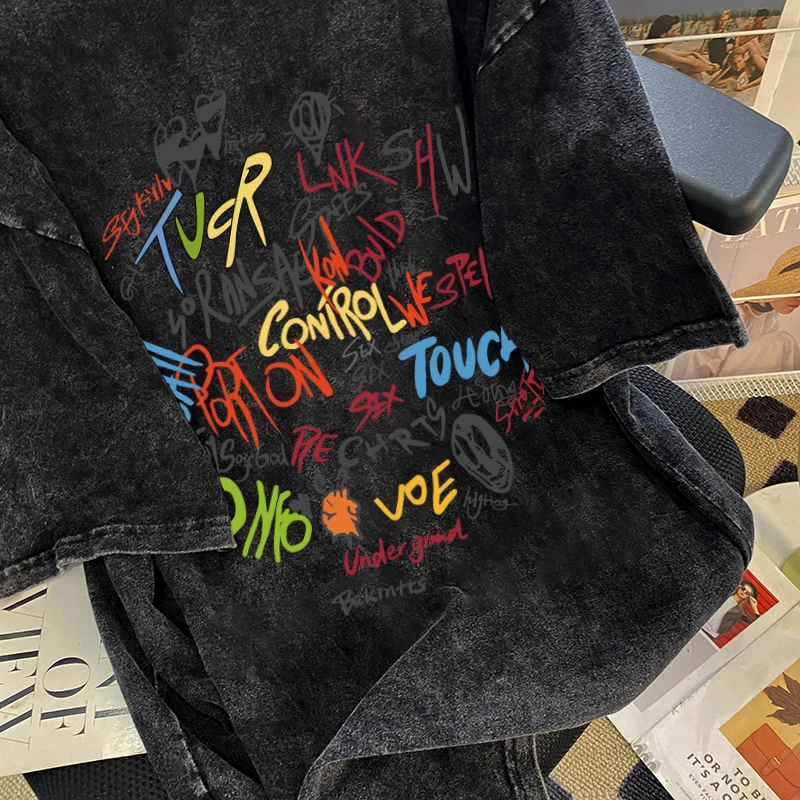 American Style Retro Colorful Letter Print Women T-shirt 2024 New Summer Trendy Wash-Black Top Harajuku Handsome Streetwear Tee