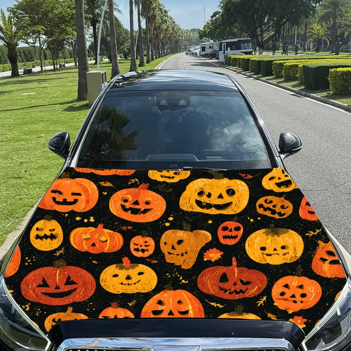 

Funny Pumpkin Halloween Car Vinyl Wrap, PVC Material Waterproof Car Hood Sticker, Self-Adhesive Scratch-Resistant Stickers for E