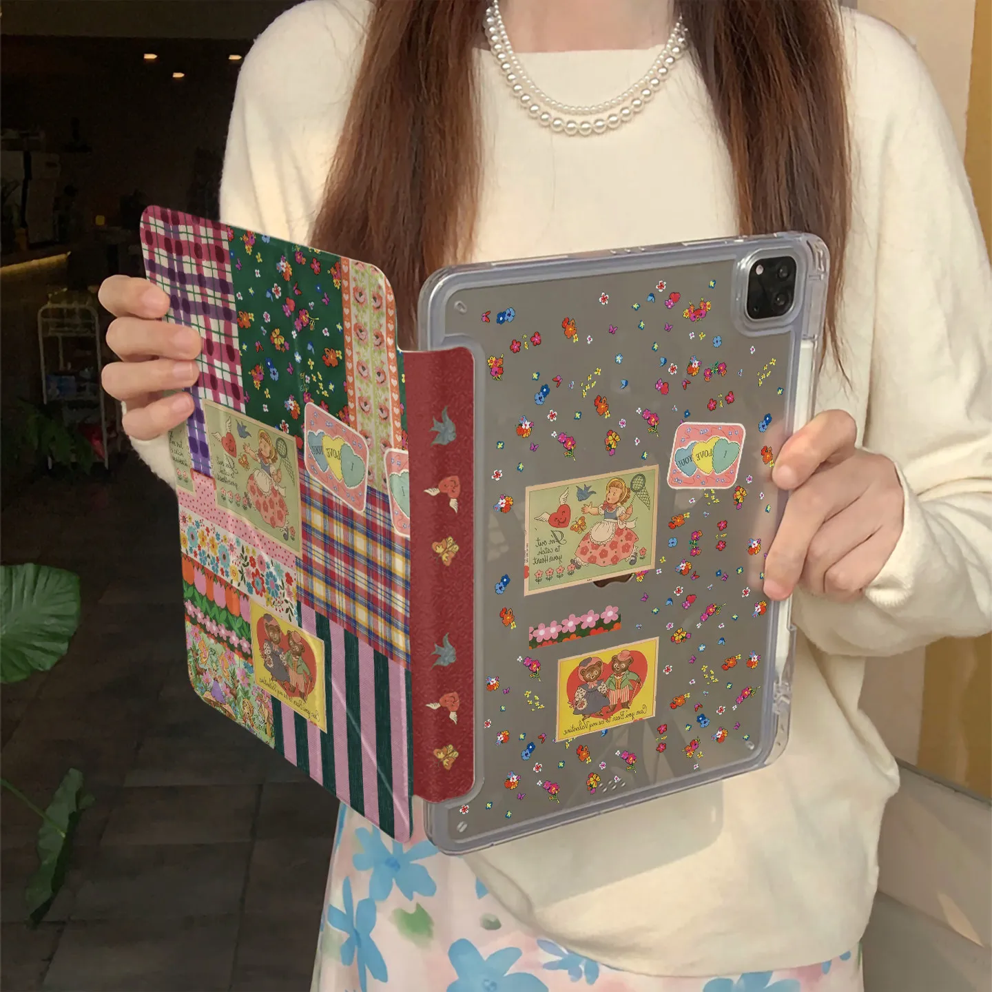Korean Retro Patchwork Grid Pattern Y2K Cover for iPad Pro 13, 11th, M5, M4, 12.9, A16, 10, 8, 7, 9th, 10th, Air 11, M2, M3 Mini