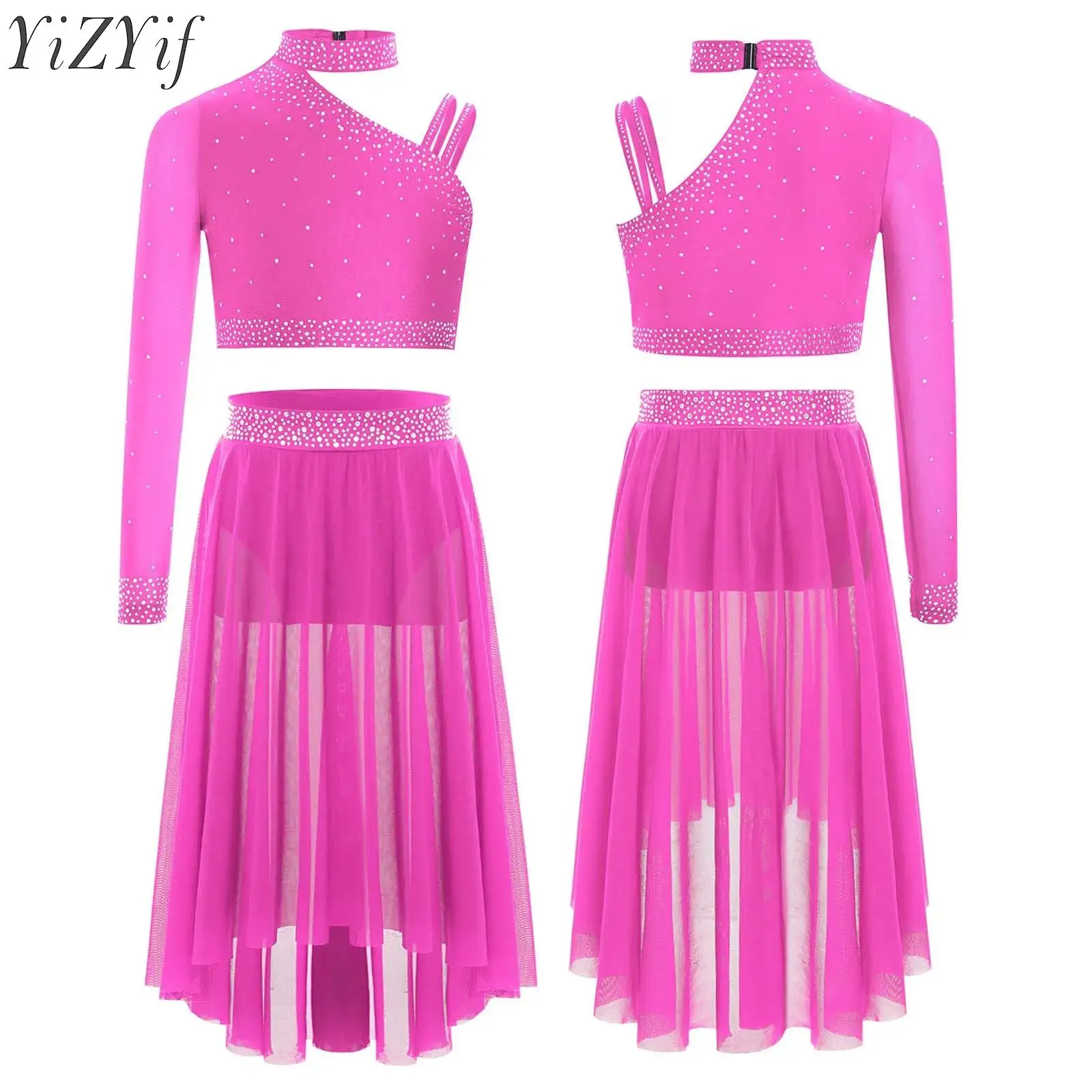 

Kids Girls Ballet Lyrical Dance Set Modern Contemporary Figure Skating Dancewear Rhinestones Long Sleeves Crop Top with Skirt