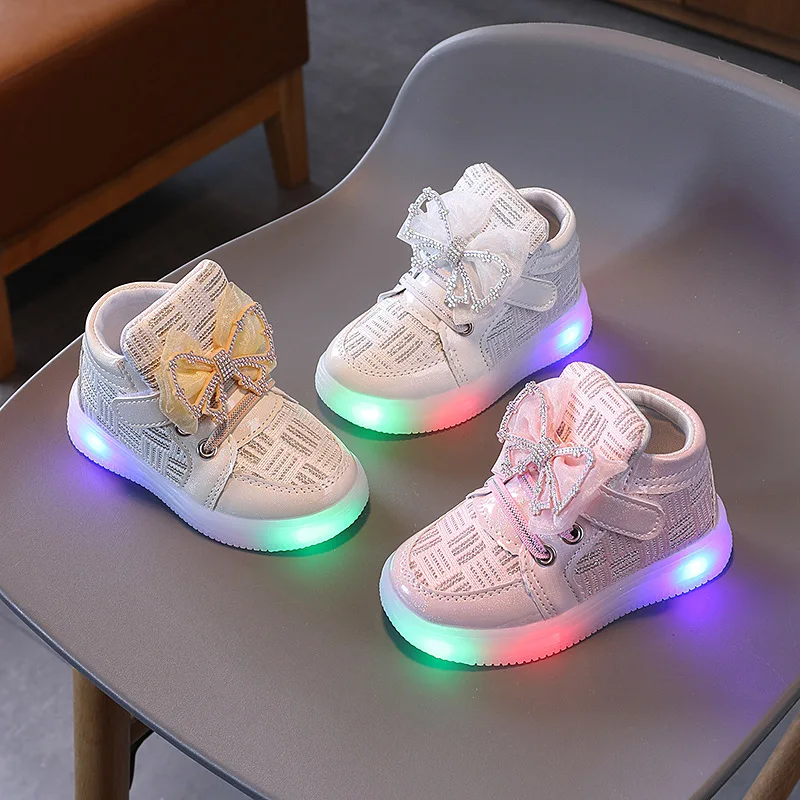 Children Lighted Shoes Girls Cute Bow-tie Design Luminous Princess Sneakers Baby Cartoon Hook Design Shining Shoes