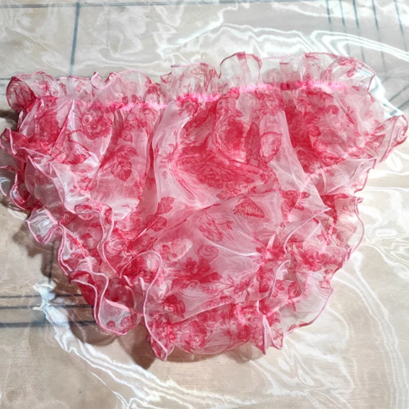 

Men High Gloss Flowers Double Layered Organza See Through Briefs Women Sissy Ruffled Soft Silky Panties Plus Size Lantern Panty