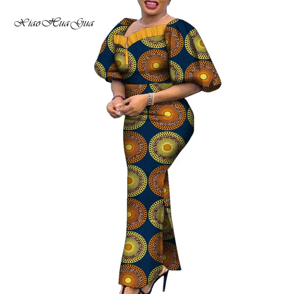 

African Dresses for Women Bazin Riche Print Puff Sleeve Maxi Party Dress African Women Clothing Plus Size Dresses Wy9461