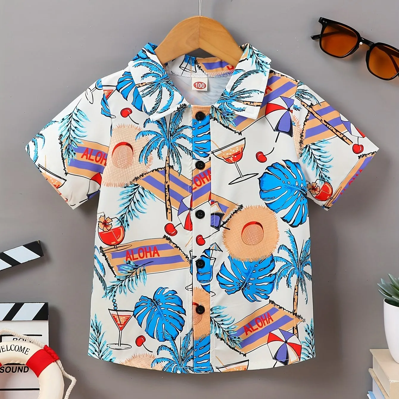 2024 Kids Clothes Boy Summer Hawaiian Beach And Palm Tree Theme Graphic Full Print Shirt Casual Lightweight Short Sleeve Tops