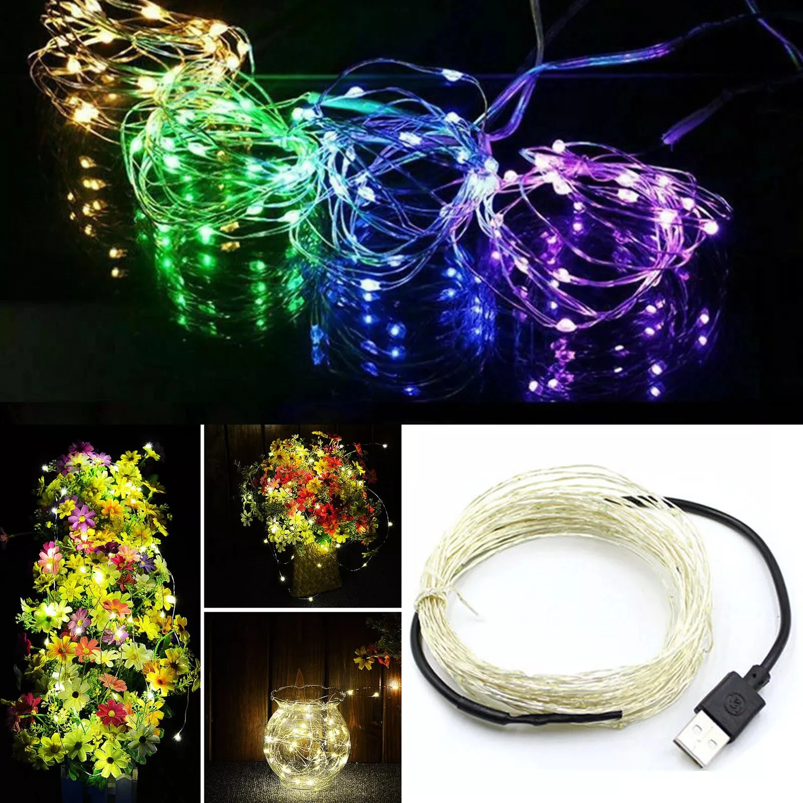 Cobre LED String Light para Party Decor, Impermeável Fairy Lights Strip, Conexão USB, Branco, Vermelho, Azul, Verde, Roxo, Rosa, 5m, 10m