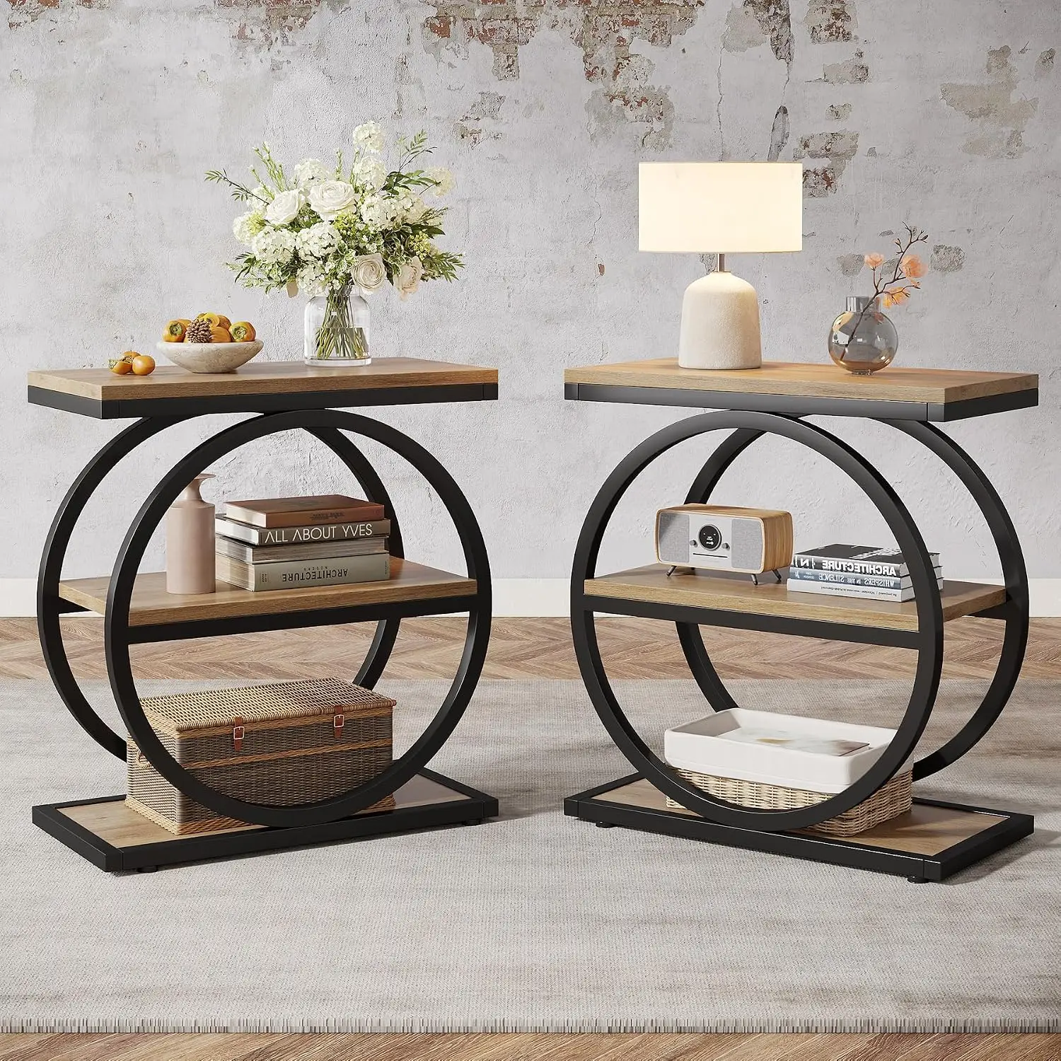Industrial Side Table 3-Tier Storage Set of 2, Round Metal Frame Sofa End Table Living Room Bedroom Nightstand, Customized