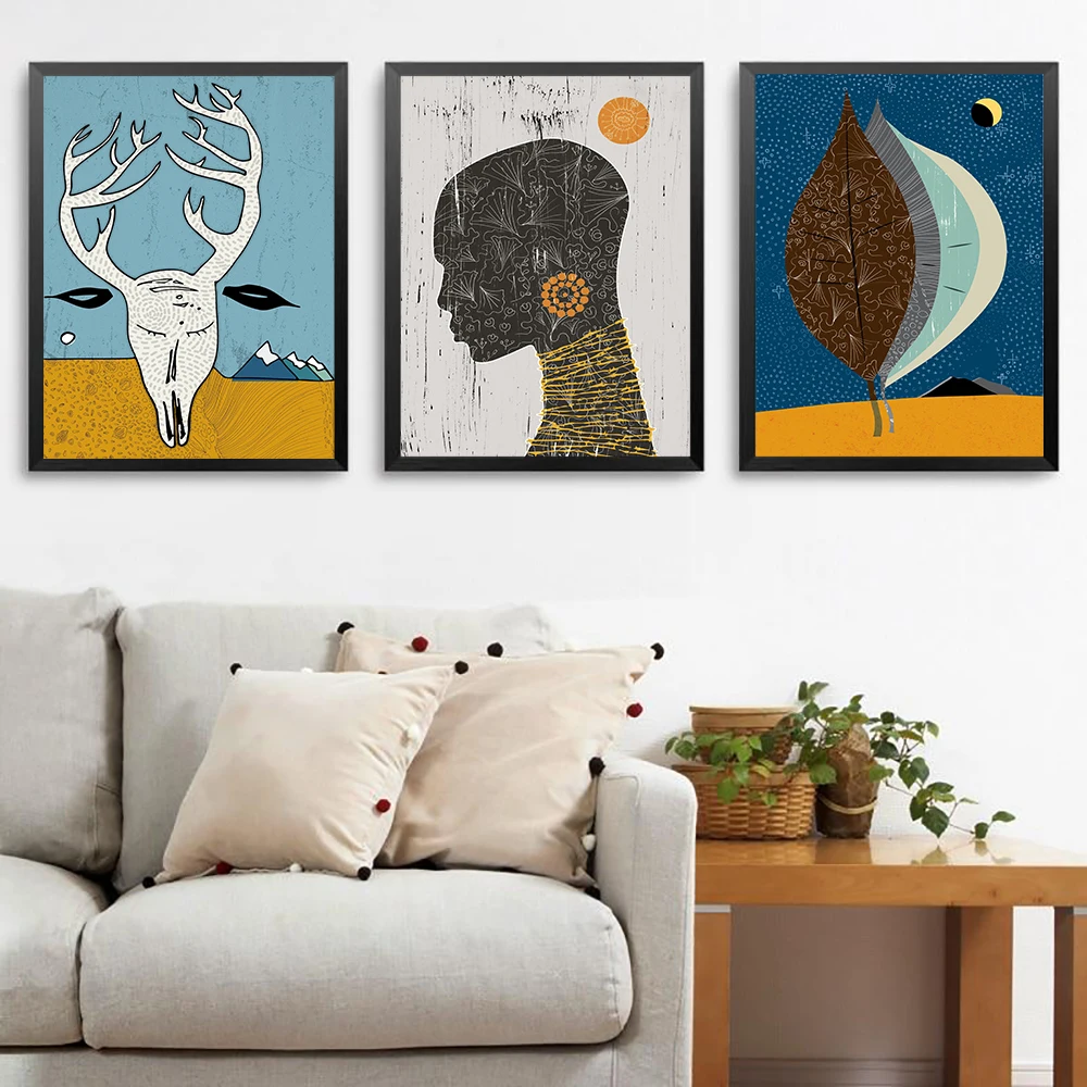 Abstract Black Female Portrait Poster African Art Print Modern Deer Head Canvas Painting Wall Picture Living Bedroom Home Decor