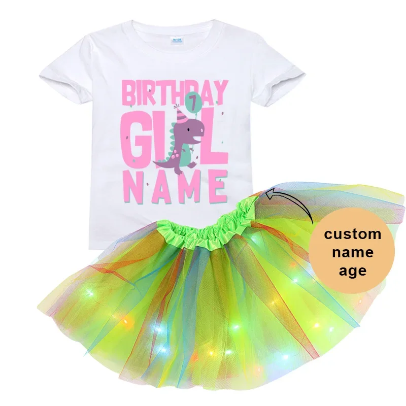 2024 Birthday Princess Party T Shirt Dinosaur Set Girl Birthday Outfits Tutu Princess Set Dress+T Shirt 2-9 Years Luminous Skirt