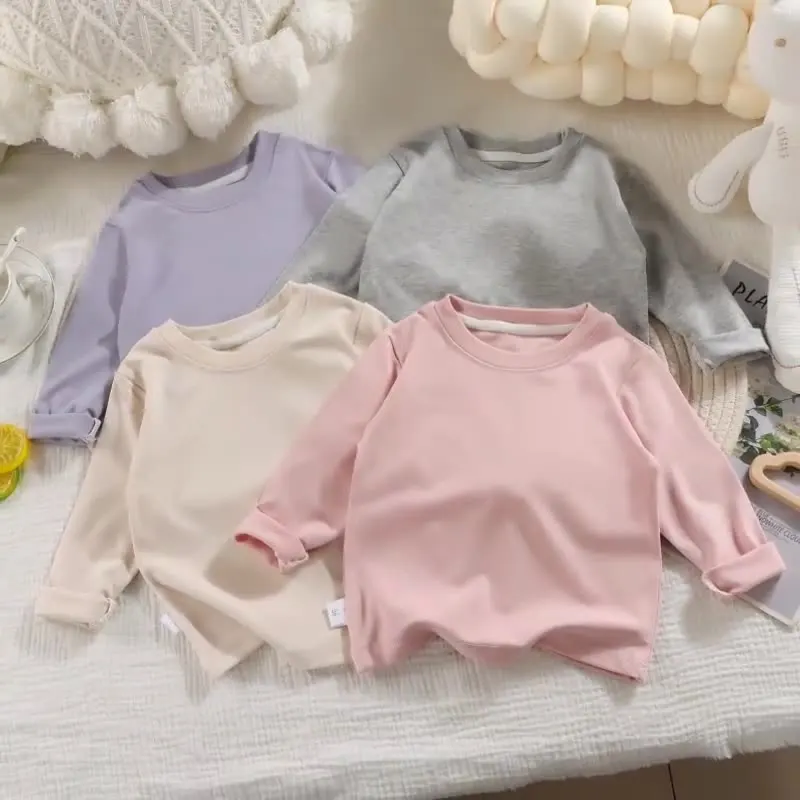 1-10Y Spring Cotton Toddler Children Blouse Shirts Solid Long Sleeve Kids Boys T-Shirt Base Layer for Boys Girls Sport Tee