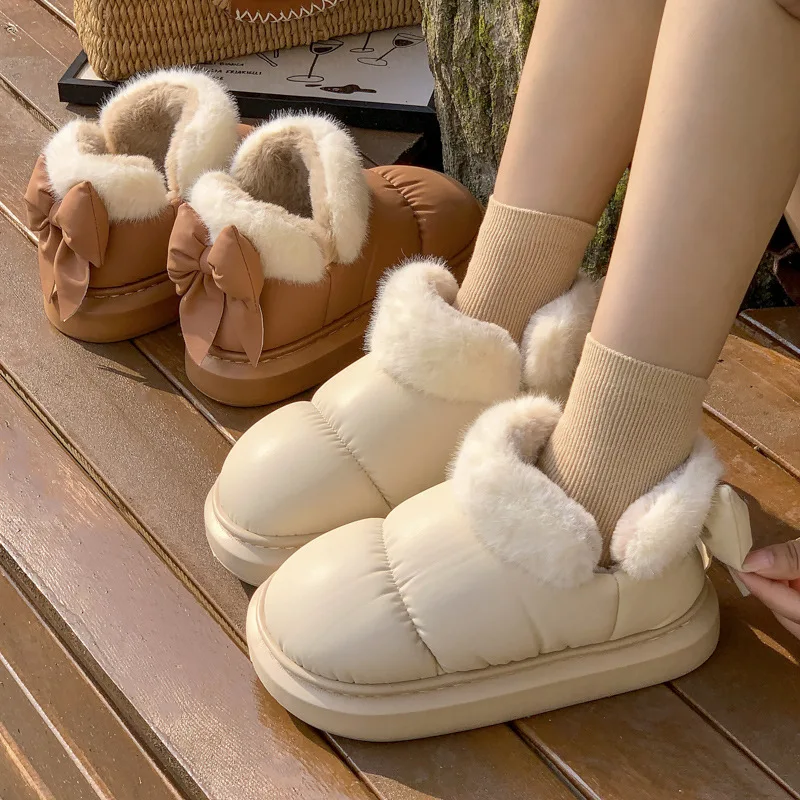 Cute Warm Fluffy Slippers Winter Women's Indoor Soft Plush Bow Cotton Shoes 2024 New  Down Cloth Short Barrel Girls Snow Boots