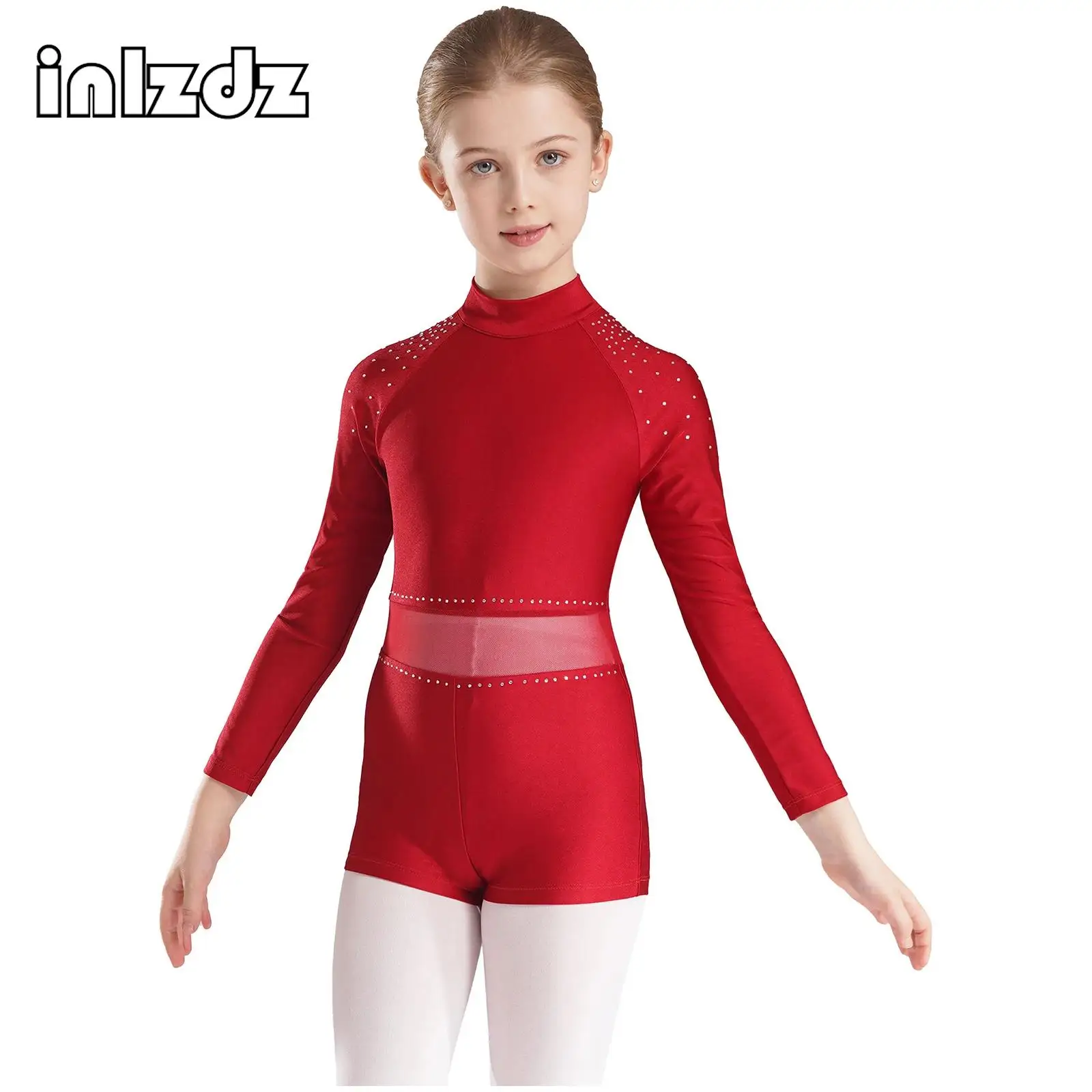 

Kids Girls Ballet Leotard Bodysuits Costume Long Sleeves Rhinestones Dance Gymnastics Jumpsuit Unitard Performance Dancewear