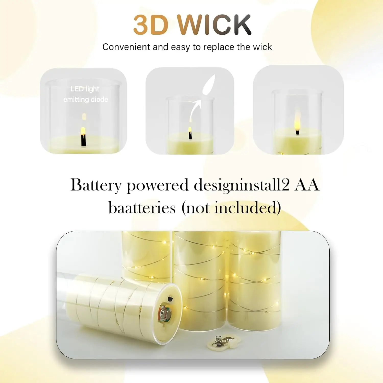 3 قطعة شموع LED عديمة اللهب مع سلسلة نجمة مدمجة تعمل بالبطارية شموع وامضة LED للديكور المنزلي