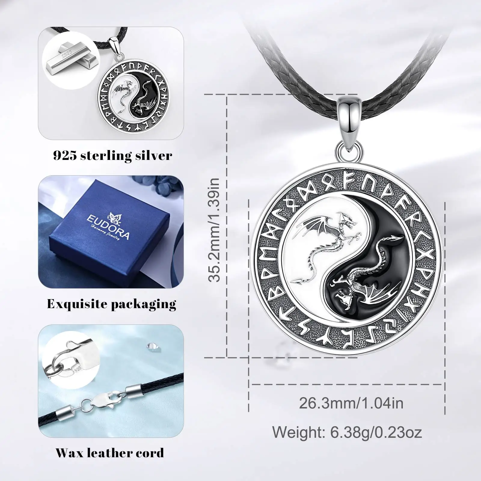 Eudora 925 Sterling Silver Viking Runes Dragon Necklace for Women Man Yin Yang Tai Chi Amulet Pendant Personality Jewelry Gift