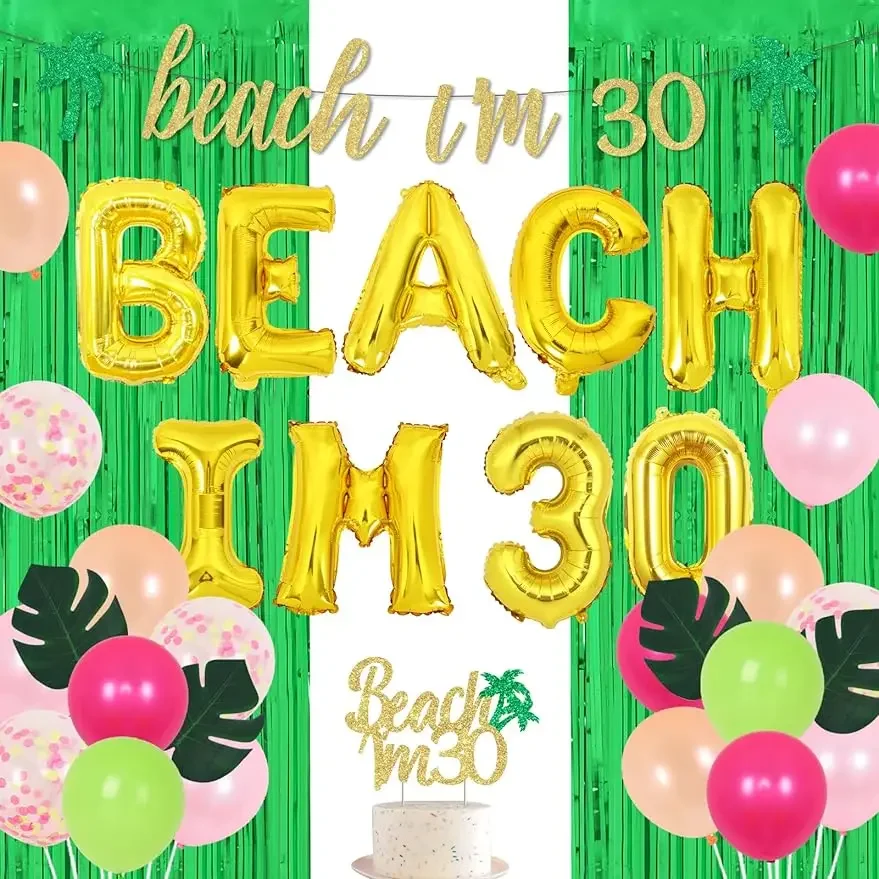 

FANGLELAND Beach I’m 30 Birthday Decorations, Summer TropicalAloha Balloons Banner CakeTopper Fringe Curtain Leaf Props Supplies