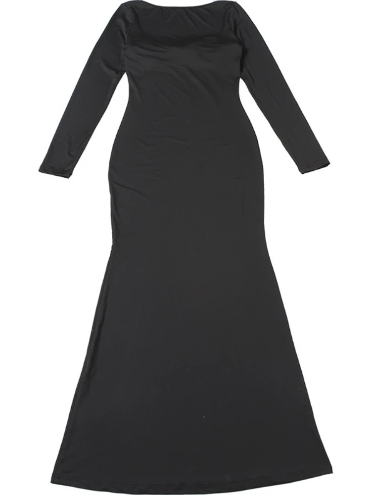 SsTss Dames Kant Gesplitst Slanke Maxi-jurk Effen Laag Uitgesneden Vierkante Hals Lange Mouw Hoge Taille Getailleerd Vakantie Feest Lange Jurk