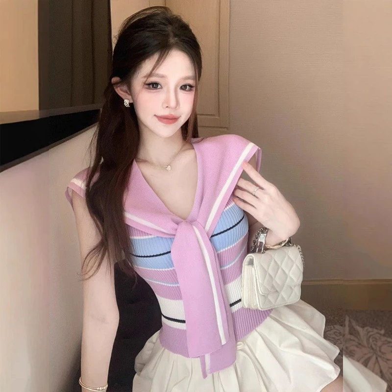 

Summer College Style Sweet Navy Collar Striped Sleeveless Slim Knitted Vest For Women