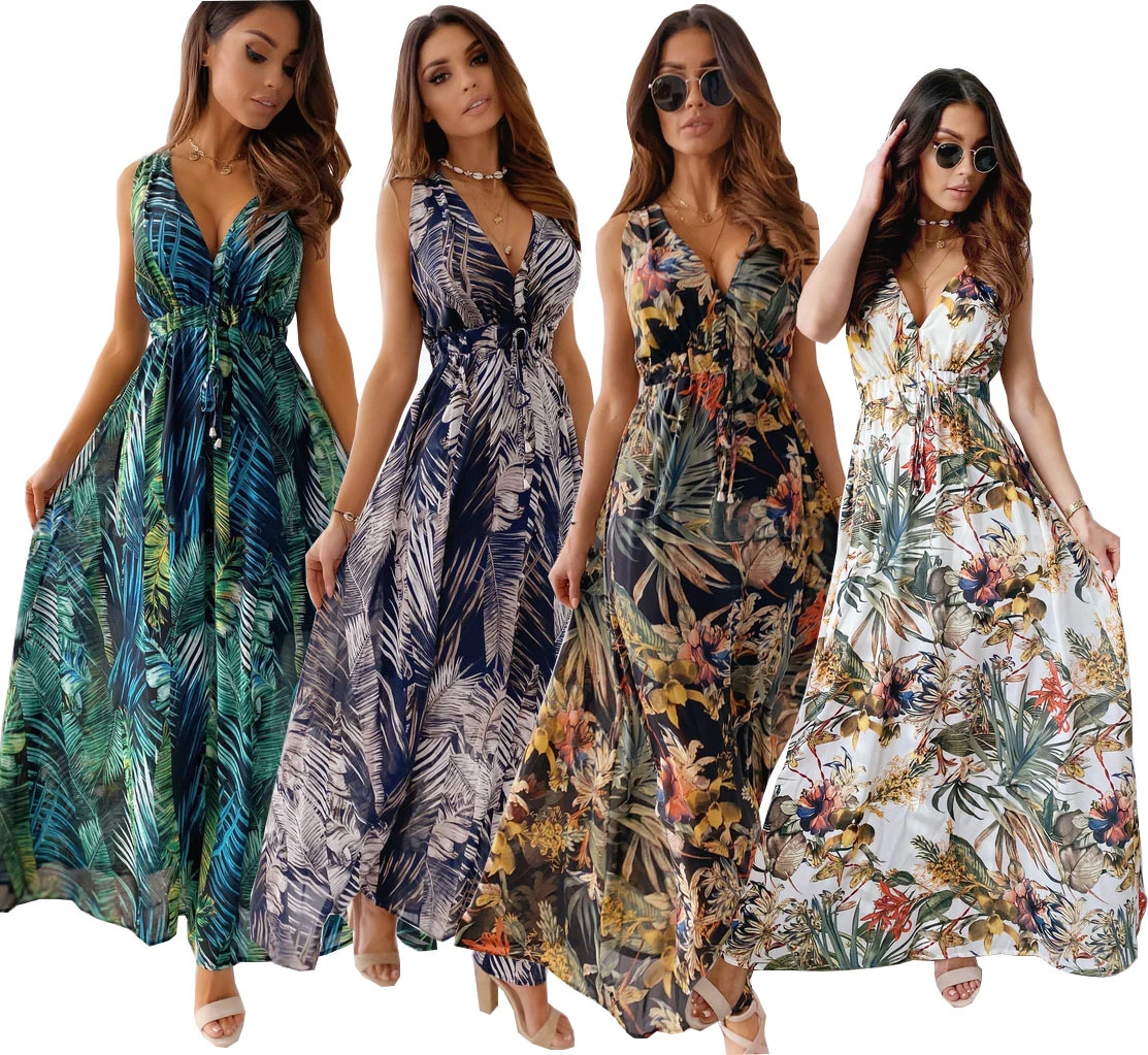 Damska sukienka plażowa bez pleców Seksowne długie sukienki Boho z dekoltem w szpic Letnia elegancka sukienka bez rękawów Lady Maxi Dress Vestidos — zdjęcie 3
