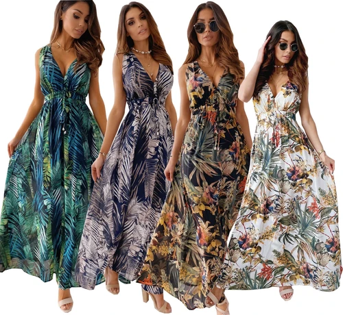 Imagen 2 del producto Vestido playero de fiesta con espalda descubierta y lazo para mujer, Vestidos largos bohemios sexis con cuello de pico, vestido largo sin mangas con estampado elegante de verano para mujer