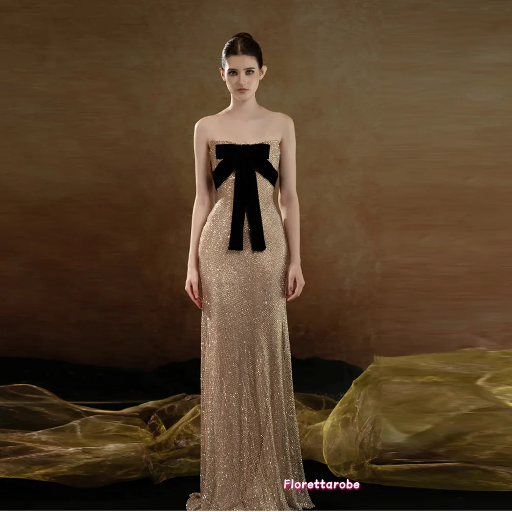 

Florettarobe Glitter Sequined Mermaid Strapless Evening Dress With Velvet bow Prom Dress Party Dress vestidos de gala Customized