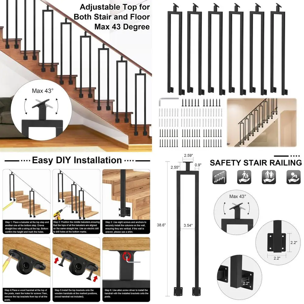U-Shape 38.6 Adjustable Top Bracket Stair Balusters for Interior Staircases, Wrought Iron Balusters for Handrails, Decks, and Ou