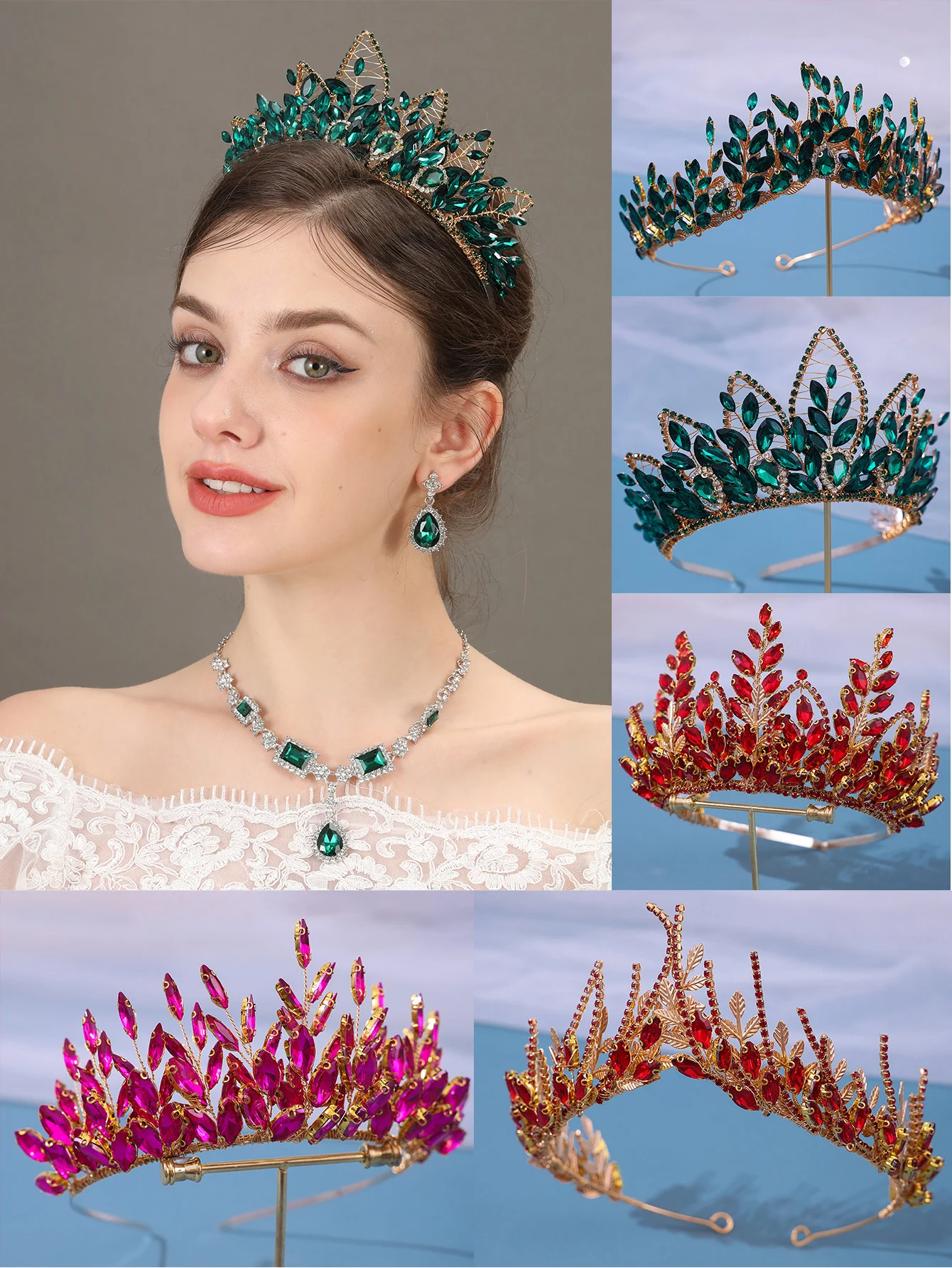 

New Bridal Crown Red Wedding Tiara Headband large size Rhinestones Bridal Hair Bands Green Crystal Miss Women's Headbands