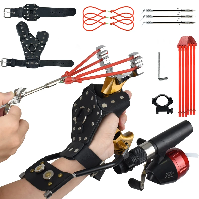 Slingshot Shooting Fishing Wrist Support Rocket Slingsshot for Fishing and Hunting Fishing Catapult Kit Reel and 3 Arrowheads