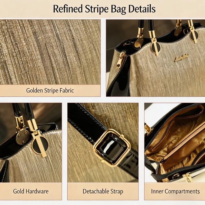 Women Ladies Shiny Metallic Grain Tote Bag Patent Leather Joint Design Top Handle Removable Strap Daily Party Handbag - view 5