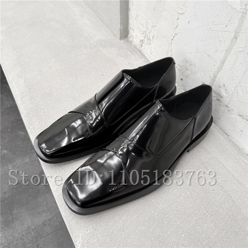 

Black Patent Leather Patchwork Men Loafers Designer New British Style Square Toe Slip On Flat Casual Derby Shoes