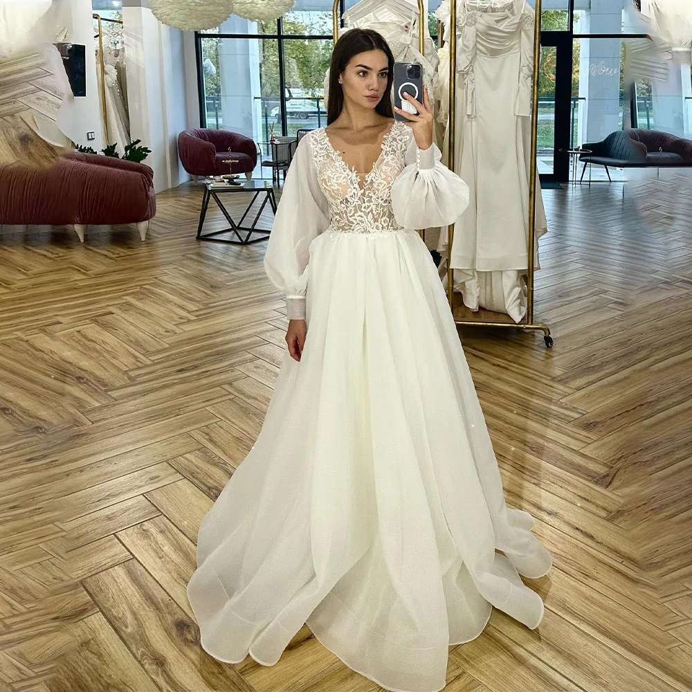 

Elegant Long Puff Sleeves V-neck Lace Applique Organza Wedding Dresses Custom made Formal Bridal Grown 2024 Rode De Morrie