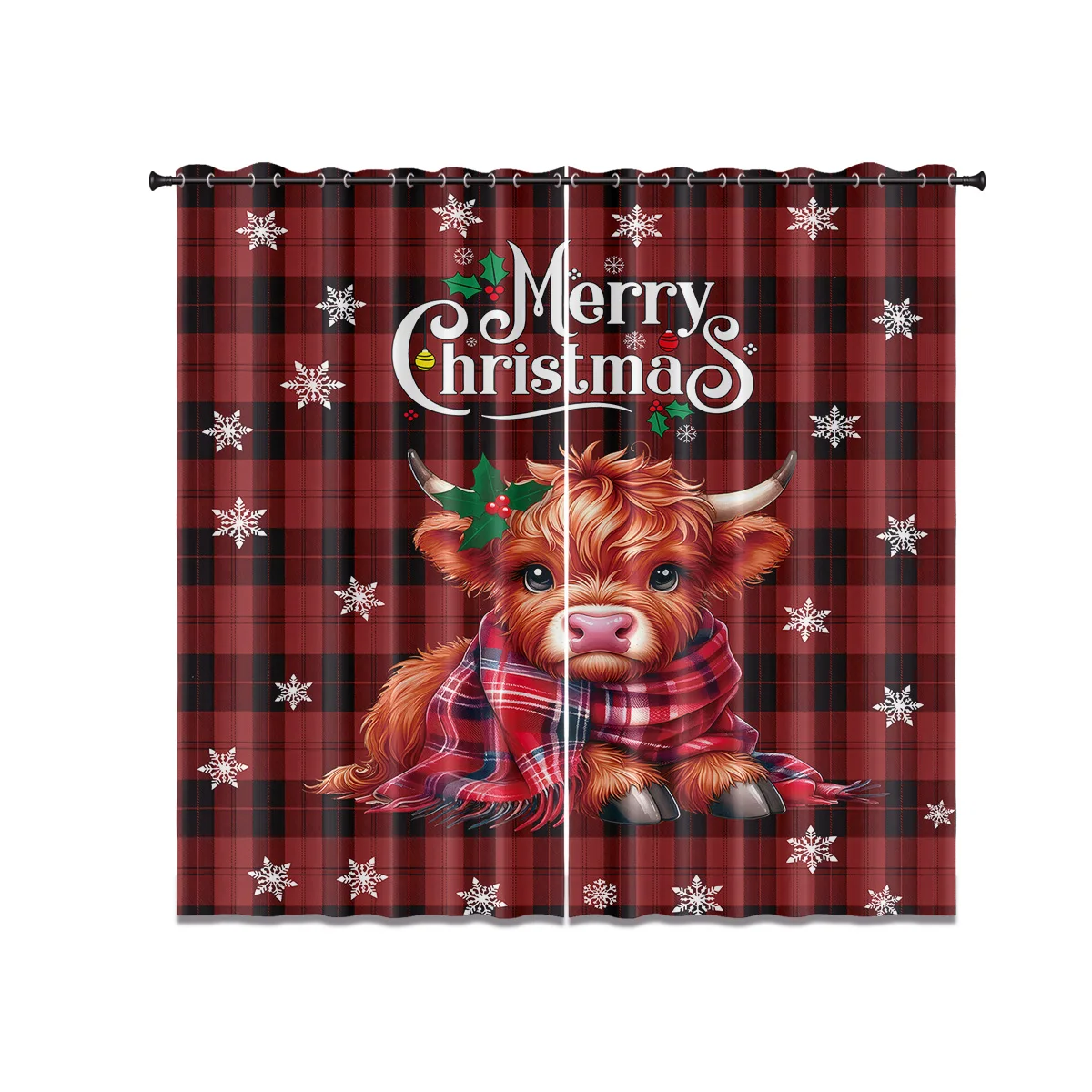 2 Stück Weihnachts-Hochlandkuh-Druck, perforierter Verdunkelungsvorhang, mehrere Größen, Wohnzimmer, Isolierung, Dekoration, maschinenwaschbar