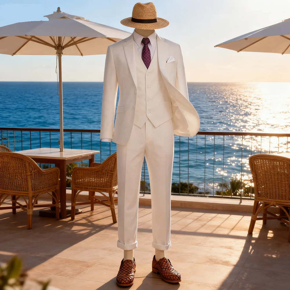 

Ternos masculinos brancos, slim fit, 3 peças, trespassado, casamento, baile, festa,fícios (blazer + colete + Calças), ternos