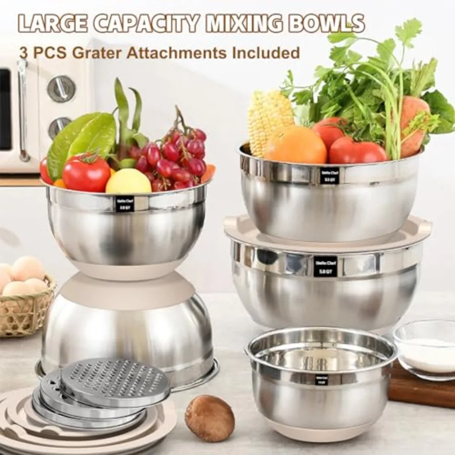 Mixing Bowls with Airtight Lids Set, 8PCS Stainless Steel Nesting Bowls with Grater Attachments, Non-Slip Bottoms, 5, 4, 3.5, 2