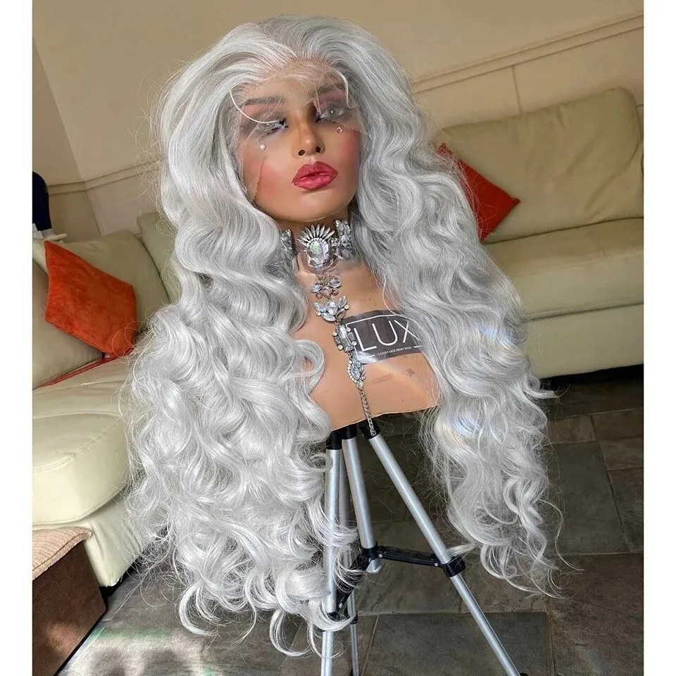 13x4 HD Silver Grey Lace Front Wigs Long Body Wave Lace Frontal Wig Pre Plucked Synthetic Heat Resistant Ready To Go Cosplay Use