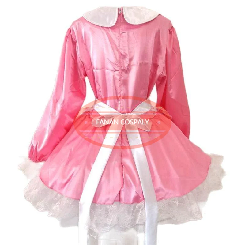 Adult Giant Baby Sexy Girl Pink Thin Satin Sissy Long Sleeve Dress White Apron Japanese Maid Role Play Customized Multi Color