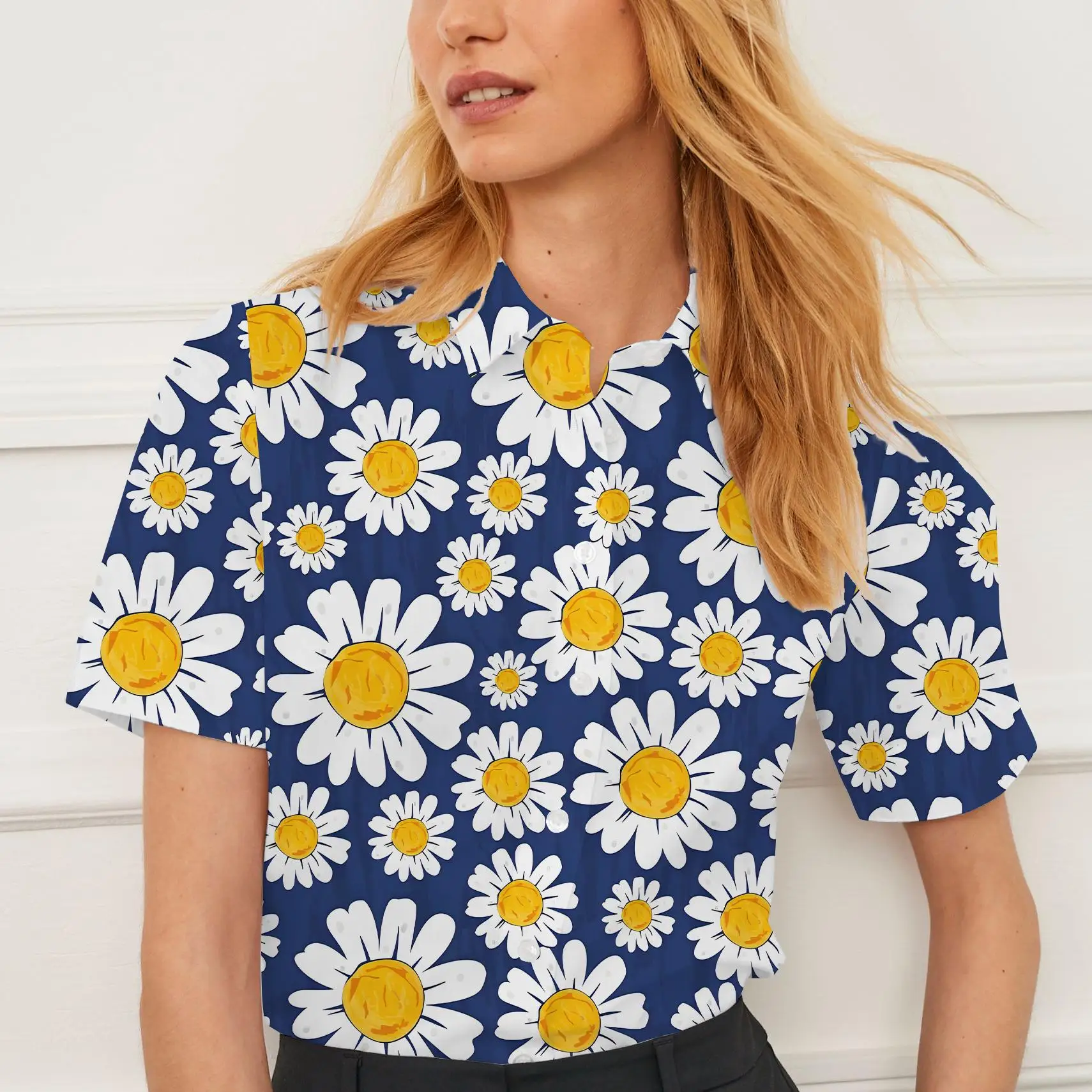 Рубашка с коротким рукавом, летняя женская одежда с лацканами, женские топы с принтом ромашки, модные повседневные дышащие индивидуальные топы