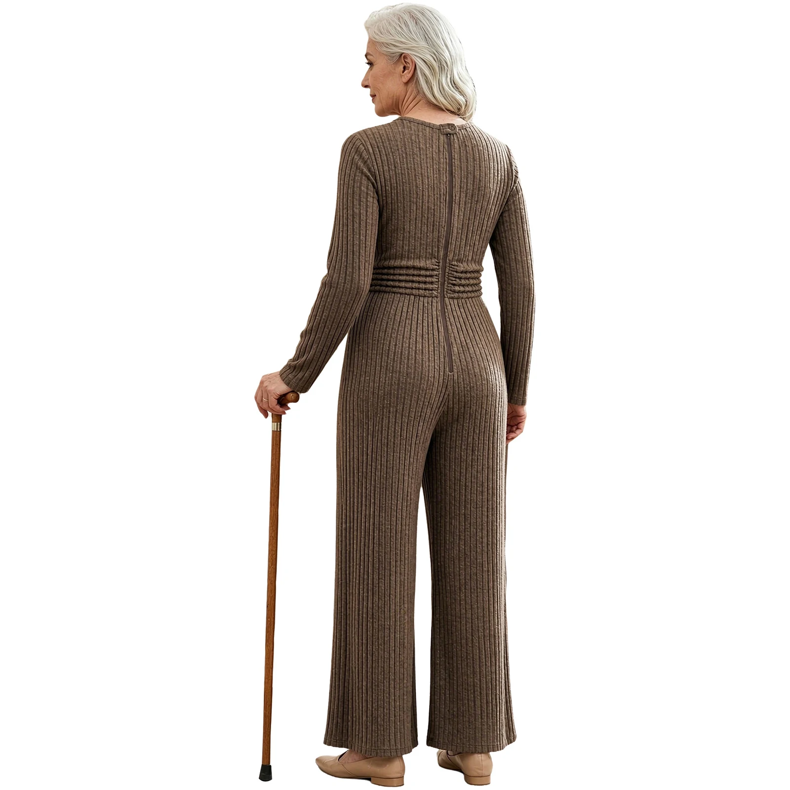 Women Elderly Adaptive Jumpsuit Special Need Cloth Long Sleeve Anti-strip Back-zip Ruched Elastic Waist Brushed Ribbed Bodysuit