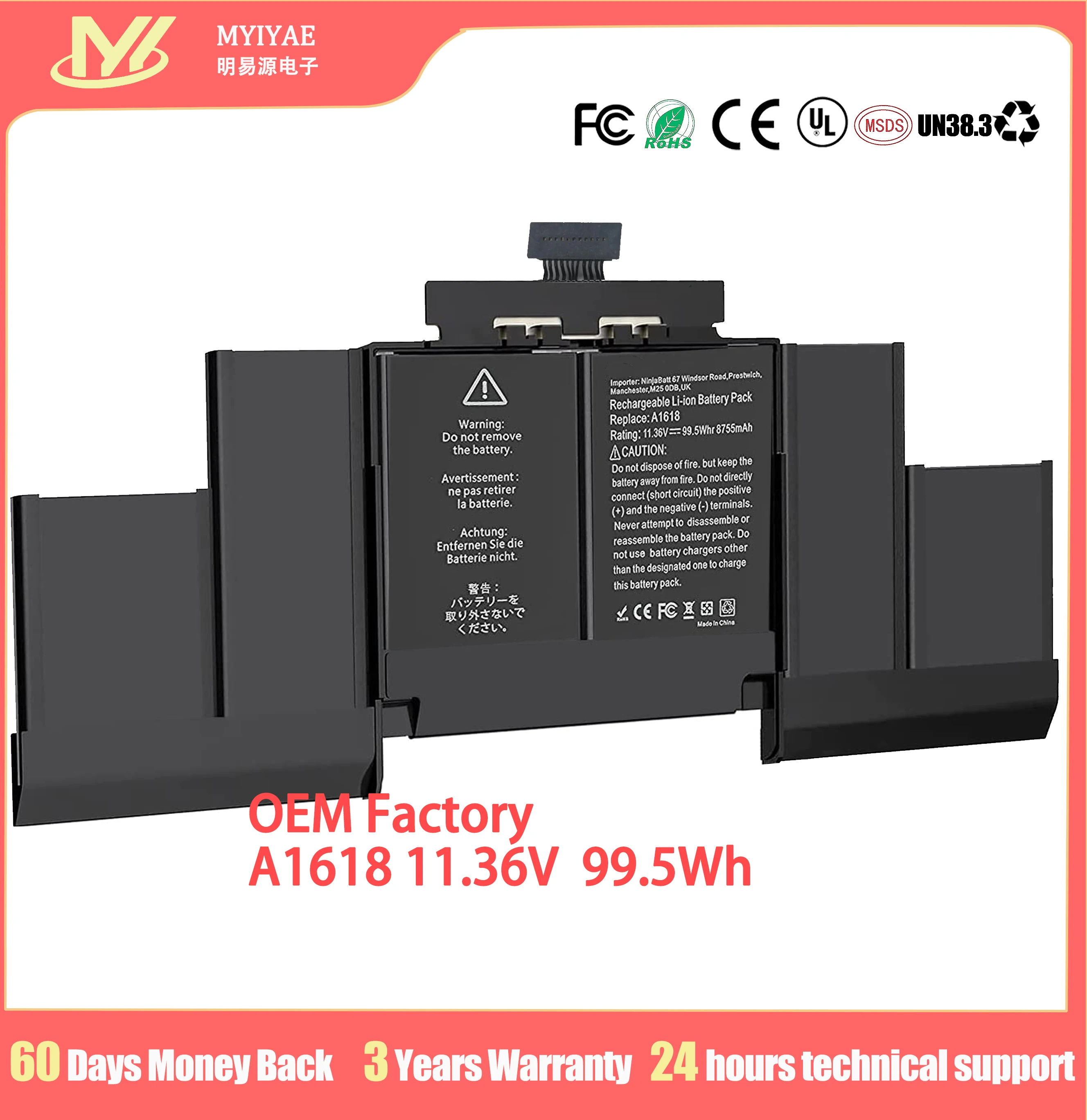 Bateria do Portátil para Apple Macbook Pro A1618 11.36v 8800mah Mjlq2ch a Pro 15 Me294 15 Me293 A1398 Retina 2023
