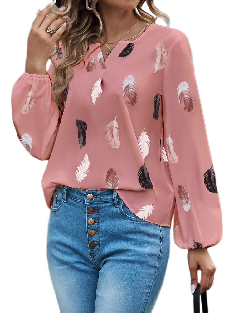 

Casual V Neck Pullover Tops Spring Elegant Chiffon Feather Printed T-Shirt Women for 2023 Female Loose Lantern Sleeve Tees