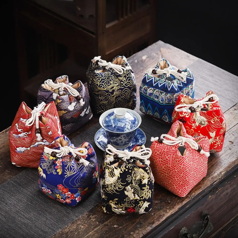 Canvas Flower Drawstring Bag Dragon Stripe Print Tea Set Storage Bag Bucket Bag Bird Square Flower Wrist Bag Tea Set Storage
