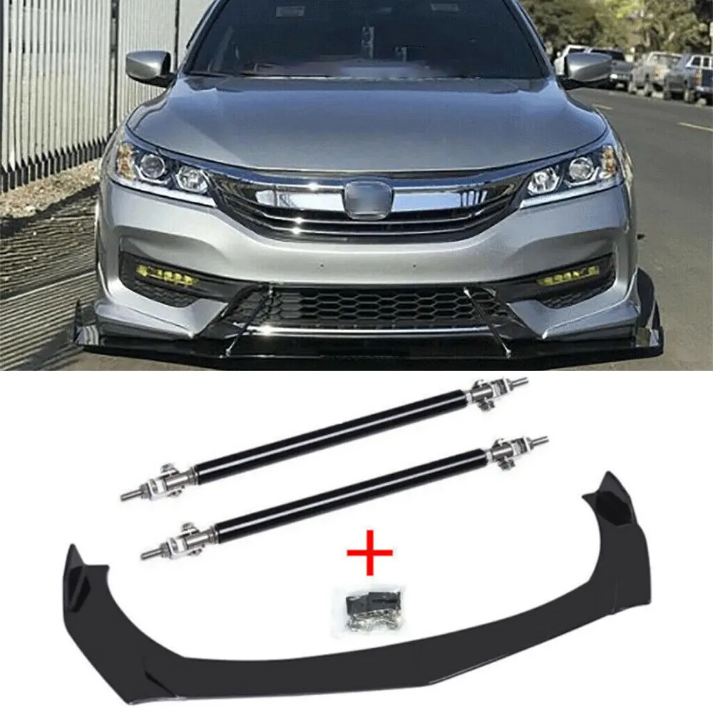 

For Honda Accord Civic Front Bumper Lip Splitter Spoiler Glossy + Strut Rods A+