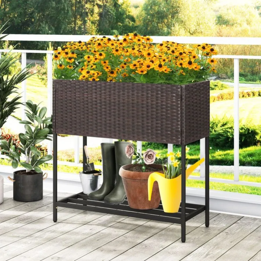

Wicker Raised Garden Bed for outdoor flower gardening, natural rattan material, beige color, includes storage shelf and removab
