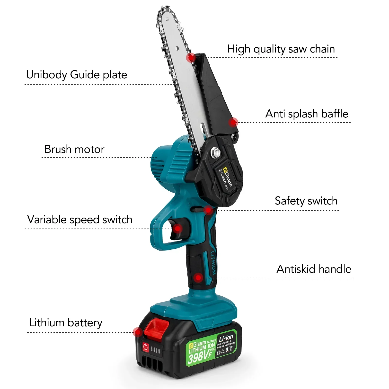 Gisam Battery Electric Chainsaw 6Inch Rechargeable Woodworking Saw Handheld Pruning Logging Saw Garden Tool for 18V 21V Battery