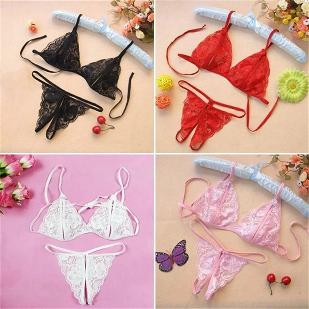 Women Sexy Lingerie Full Set Breathable Lace Ladies Open Crotch G-String And Ultra Thin Bralettes Soft Thin Strap Brassiere