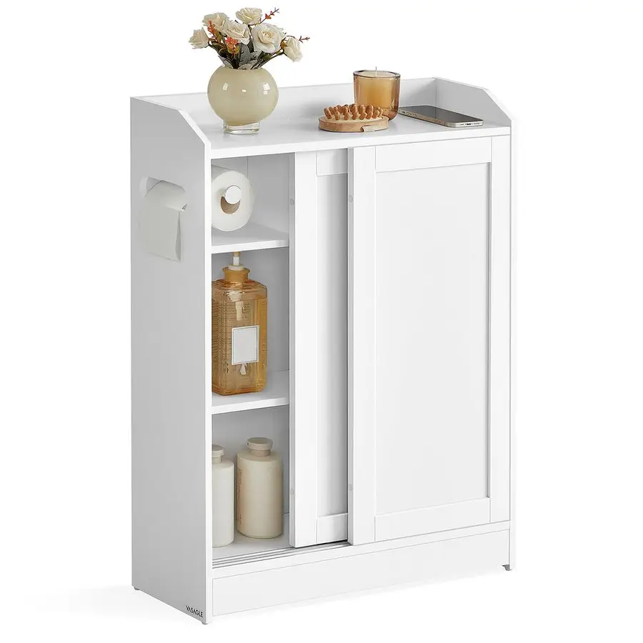

Narrow Storage Cabinet, Slim Floor Cabinet with Sliding Doors, Toilet Paper Holder and Brush Compartment, for Bathr Customizable