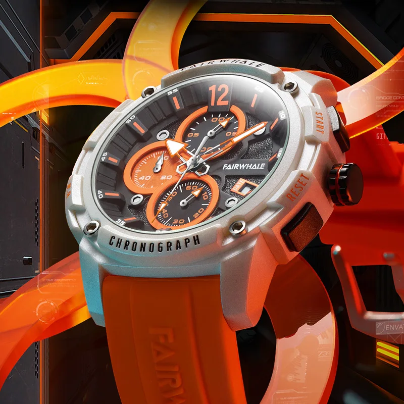 Mark Fairwhale 4360 Men's Fashion Watch Orange Quartz Movement Silicone Strap Waterproof Sports Chronograph Montre Homme