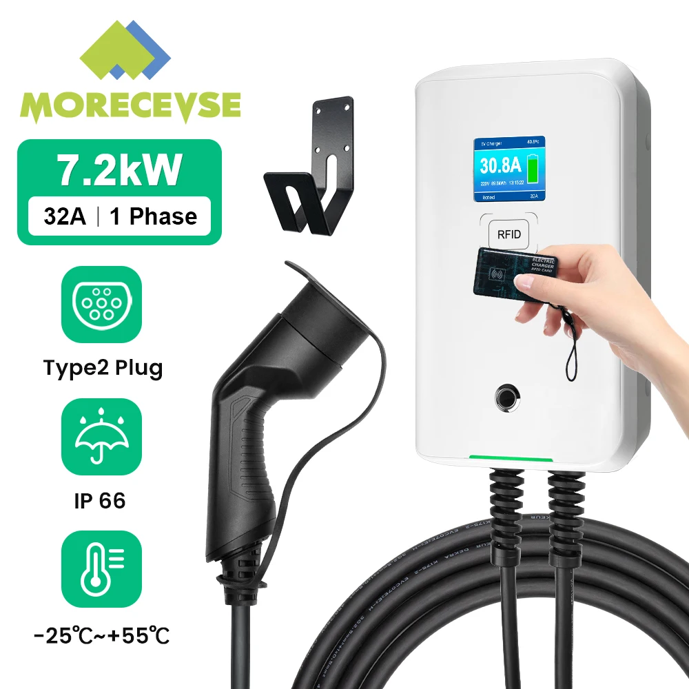 MOREC EV Charger 32A EVSE Wallbox 7KW Electric Vehicle Car Charging Station Type 2 Level 2 Electric Car Charger With RFID